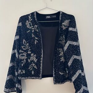 Zara Navy Velvet Sequin Embellished Jacket